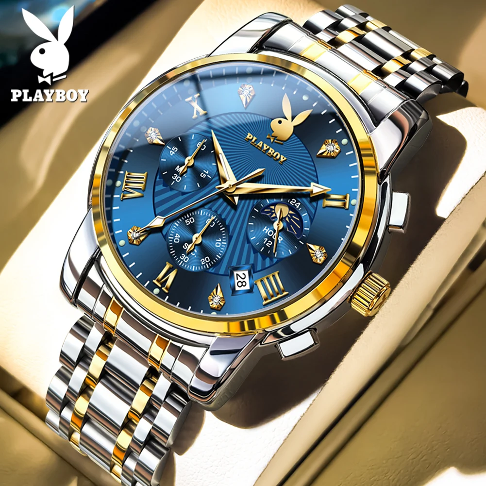 PLAYBOY Quartz Watch for Man Solid Steel Strap Waterproof Luminous Chronograph 24 Hour Moon Phase Men's Business Wristwatch 3066