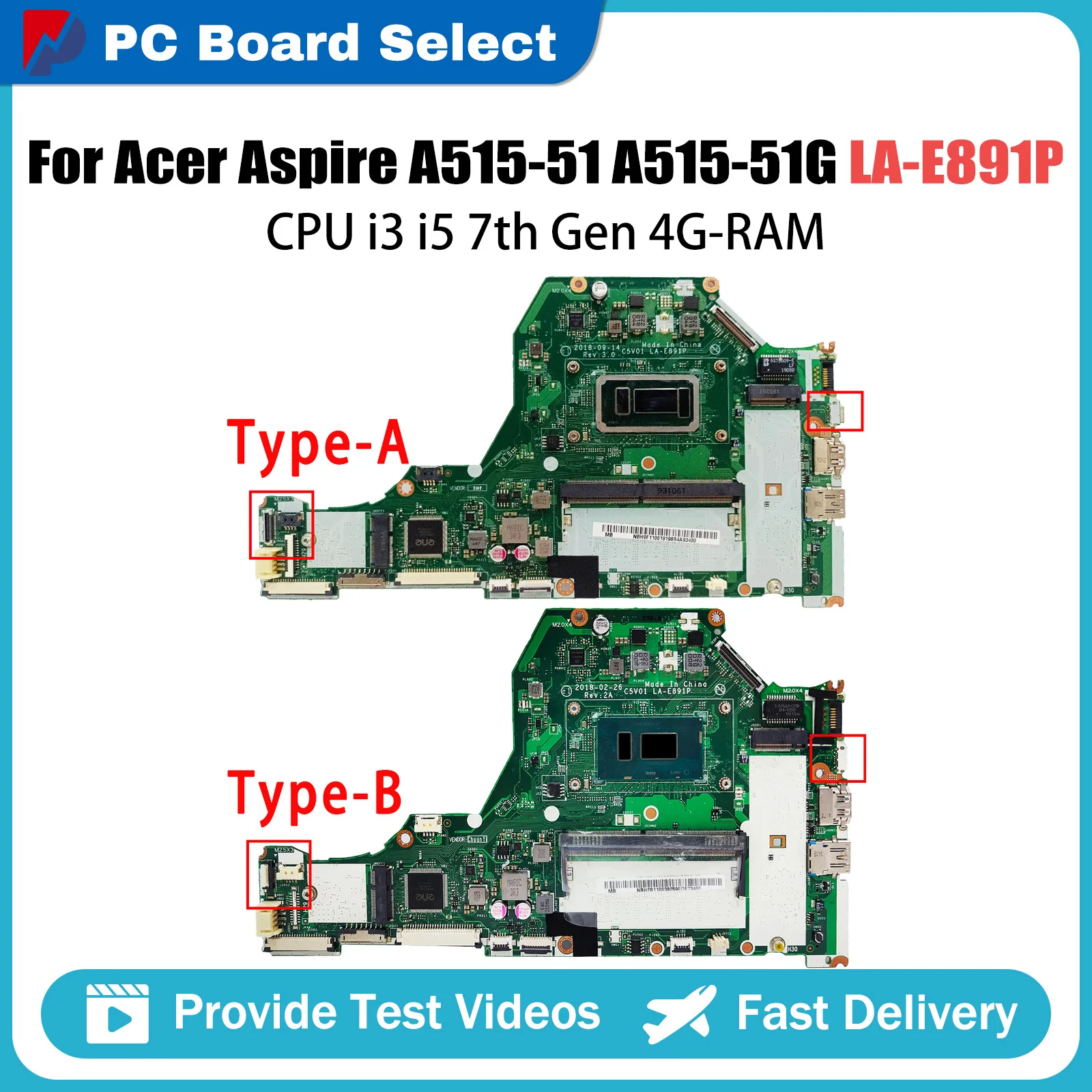 

LA-E891P Mainboard For Acer Aspire A515-51 A515-51G Laptop Motherboard With i3 i5 7th Gen CPU 4GB RAM 100% TEST OK