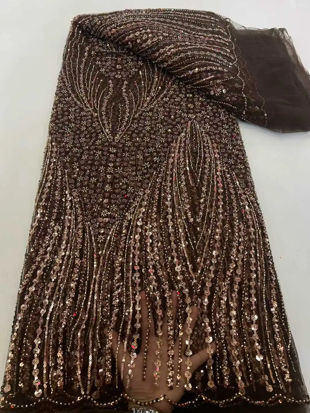 

Luxury Lace Fabrics Beaded African Lace Fabric 5 Yards French Tulle Mesh Sequins Embroidered for Weddings Party Dresses