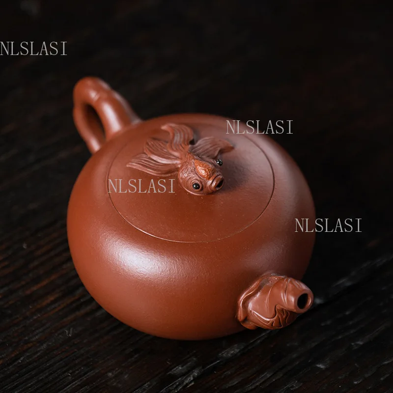 270ml Yixing Raw Red Clay Zisha Teapot Goldfish Lid Lotus Spout Lucky Fish Shape Purple Clay Single Kettle Gongfu Tea Ceremony