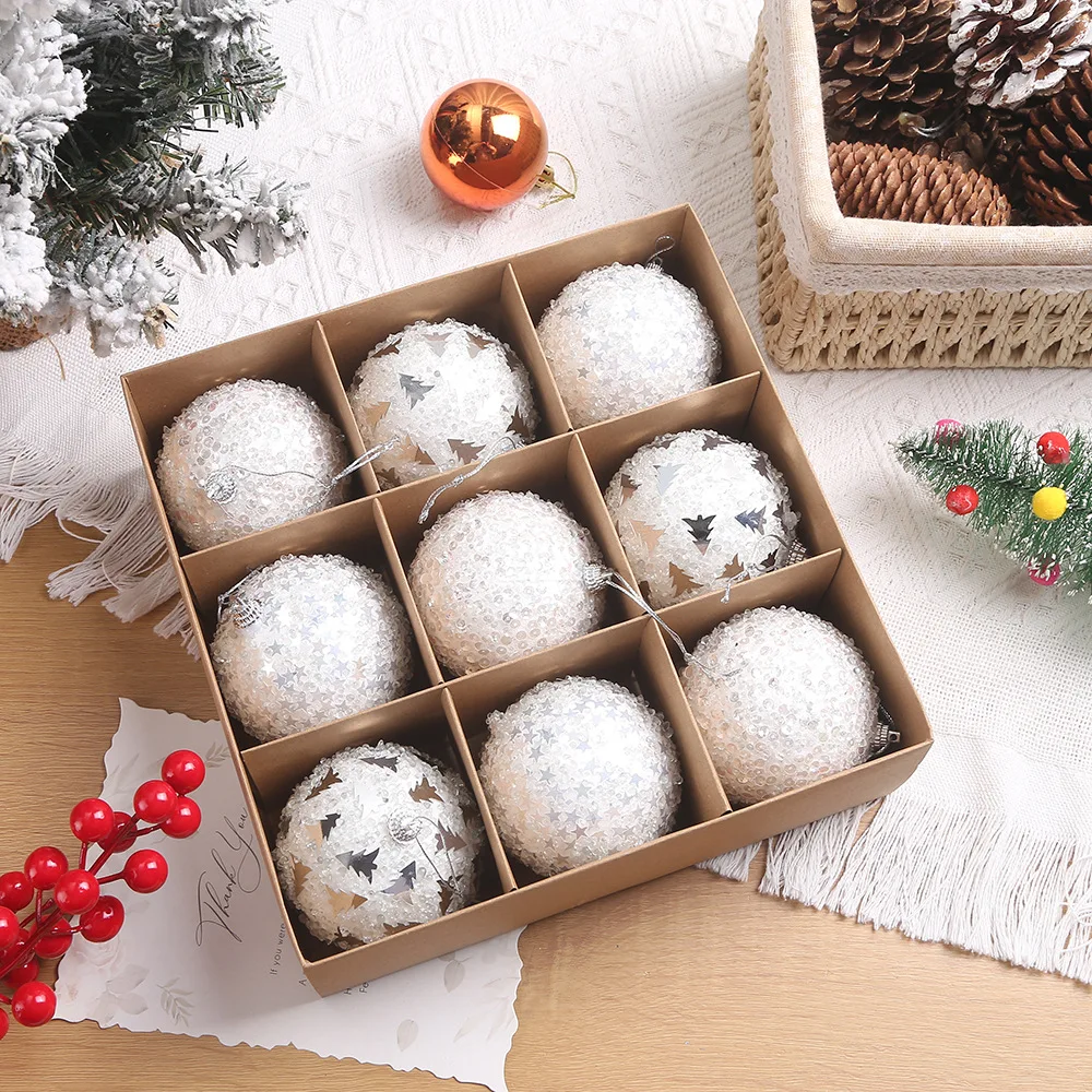 9Pcs/box 8cm Christmas Ball Xmas Tree Ornaments Hanging Pendants Glitter Christmas Flower Ball for Home New Year Navidad Gifts