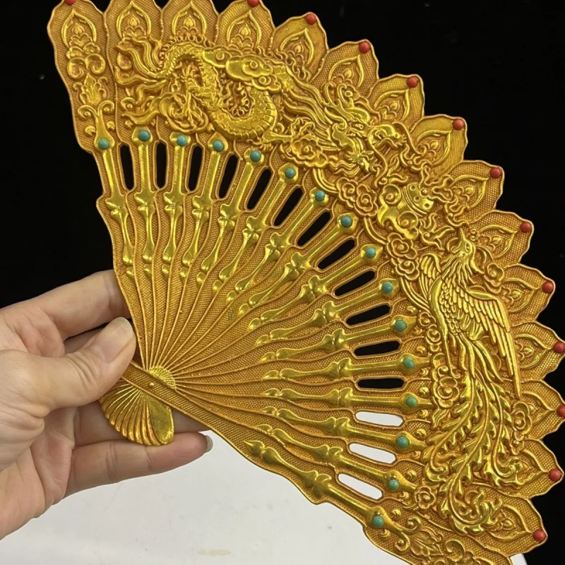 

Antique Style Gold-Plated Dragon and Phoenix Fan with Gemstone Inlay Indoor Decoration Gift Hanging Ornament Hundred Birds Facin