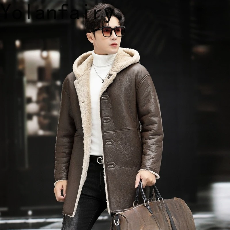 YOLANFAIRY High-end Real Sheep Fur Coat Man Hooded Autumn Winter Mid-length Genuine Leather Jacket Men Brown Natural Fur Coats