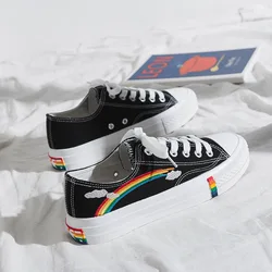 2023 Woman Canvas Shoes Flats Platform Sneakers Rainbow Lace-Up White Shoes Ladies Casual Shoes Female Sneakers Comfort Zapato