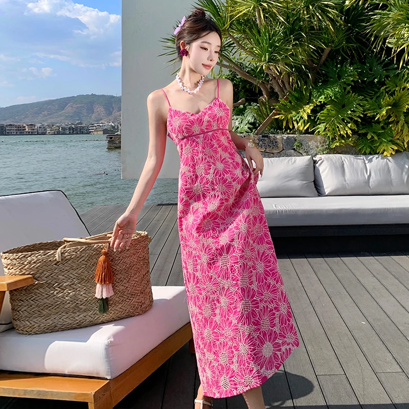 Pink Floral Embroidery Dress Women Elegant Lace-up Backless Vintage Clothing Lady Sleeveless Strapped Dress Bodycon Party