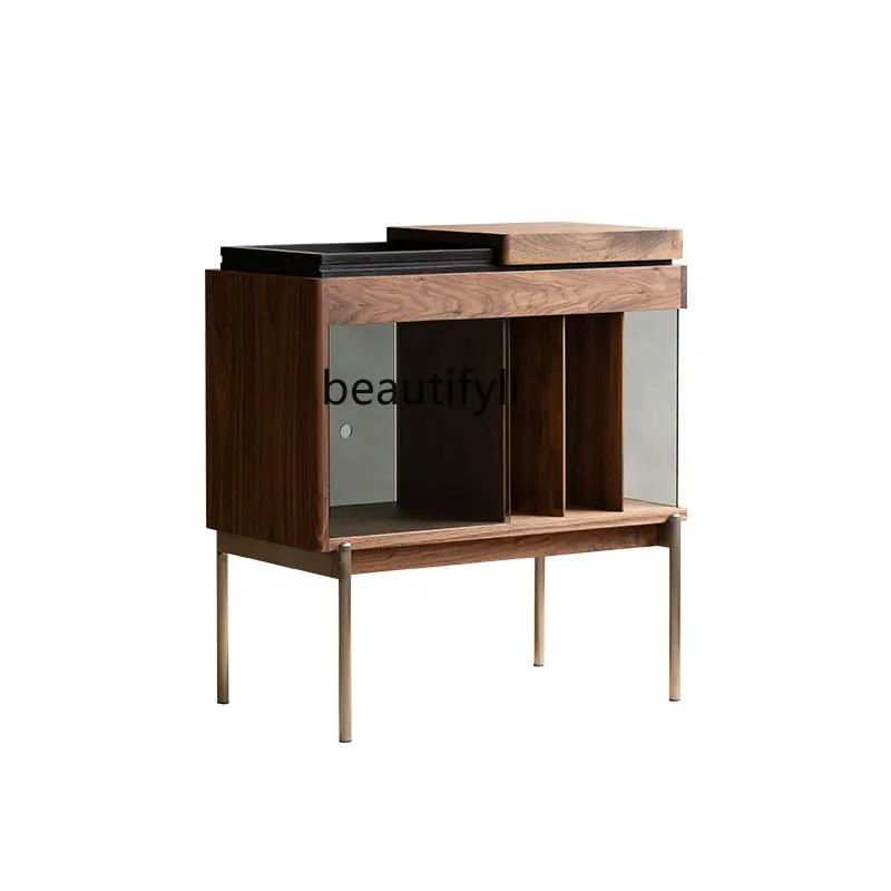 

yj Magazine Cabinet Gramophone Record Books and Newspapers Low Side Cabinet Black Walnut Glass Side Table