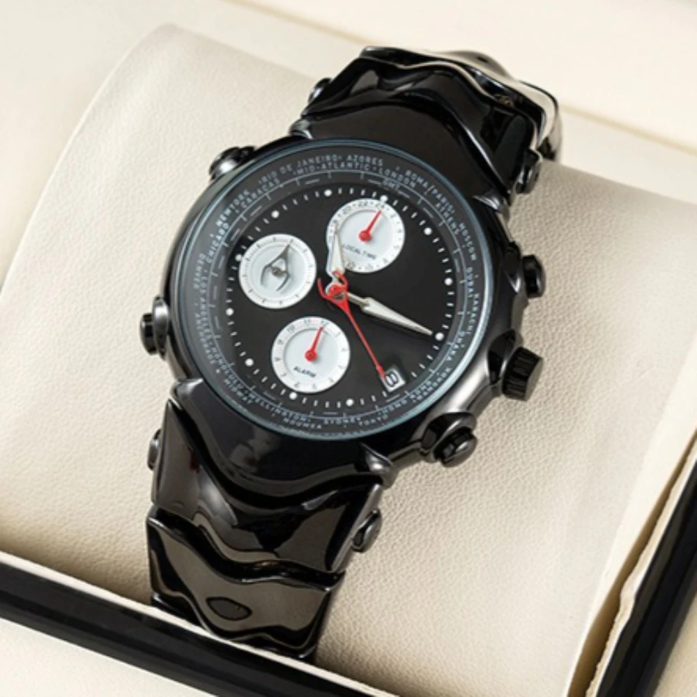 Classic Creative Alien Black Y2k Multifunctional Six Needles Quartz Watch Mens Alien Dial Unique Special Blade Men Watch Clock