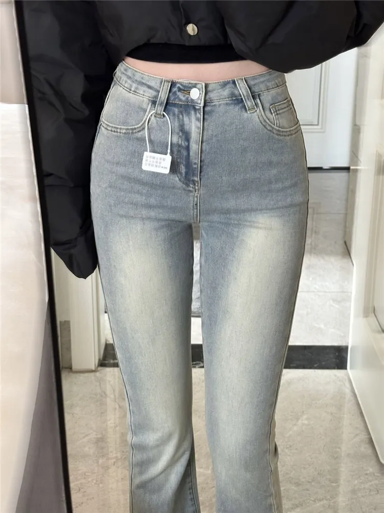 

Retro American Slim Fit Stretchy Flared Denim Jeans Women's Autumn Winter High Waist Long Vibe Floor Length Pants