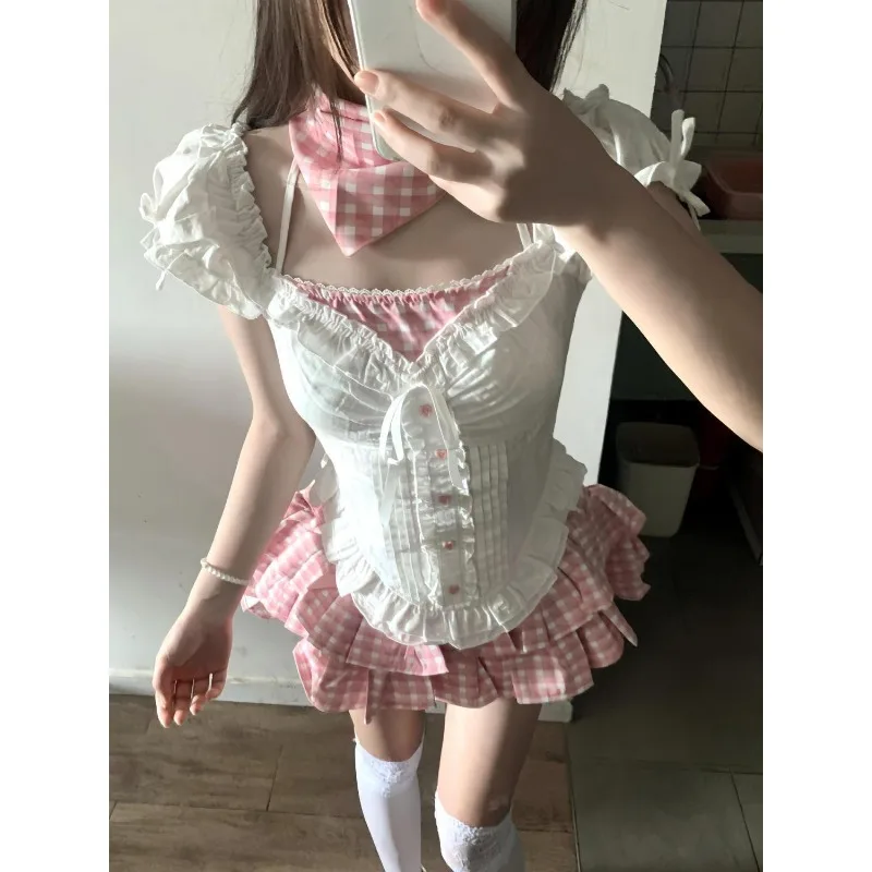 Japanische süße Adrette 2-teiliges Set Frauen Kawaii Spitze Patchwork Schleife Tops + Y2k Plaid Minirock elegante Mode Outfits neu