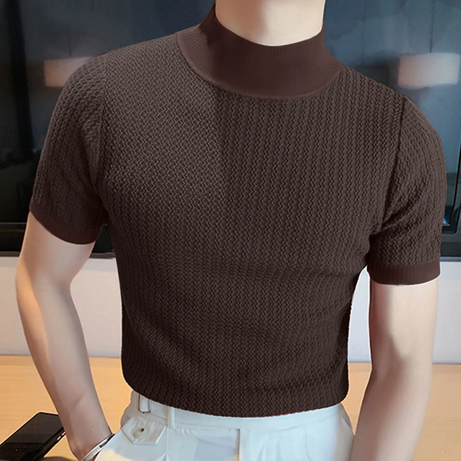 2023 Summer Tee Knitted Short Sleeve Half High Neck T-shirt Men\'s Slim Fit Pullover Round Neck Solid Knitting Shirt Korean Style