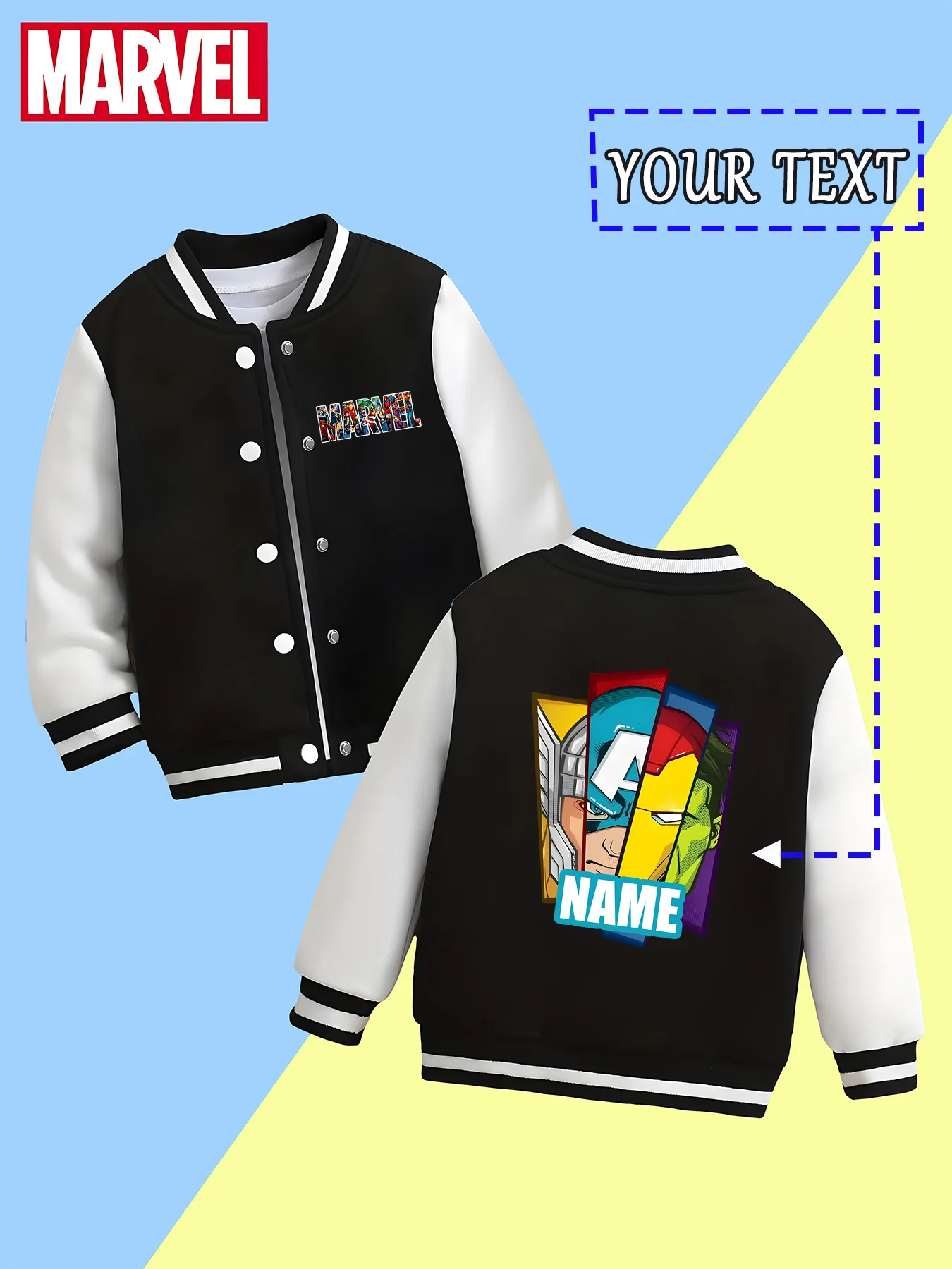 

MINISO Marvel Boys Baseball Jacket - Avengers hero patchwork pattern, bright colors that don't fade easily, suitable for birthda