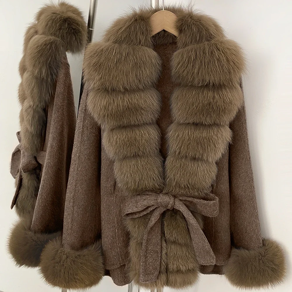 Women's Wool Coat Oversized with Shawl Collar Fur Cuff Woolen Coat Women Belt Real Fur Outerwear Warm Winter Chic Casual Wear