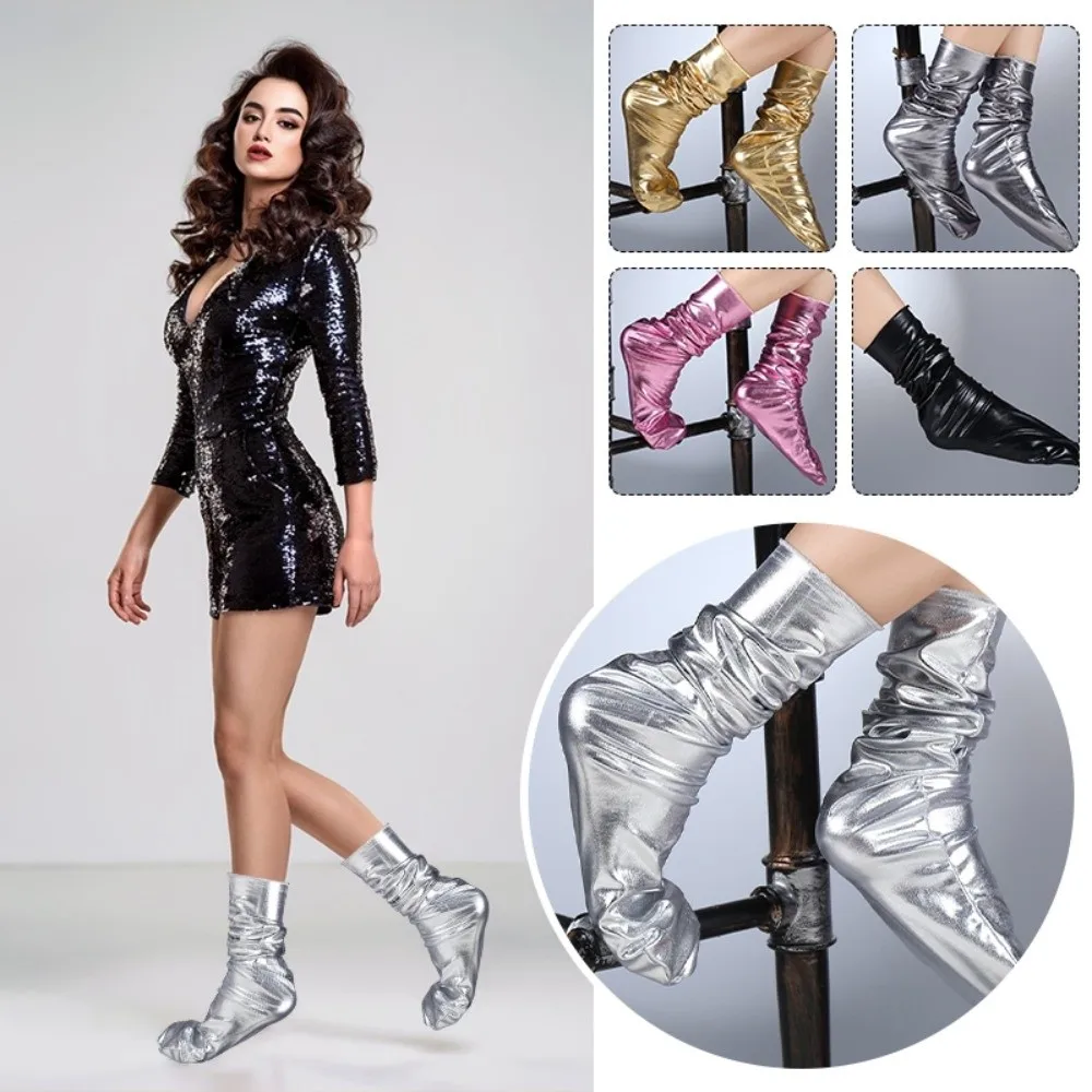 New Bright Color Reflective Socks Short Tube PVC Leather Metallic Color Socks Solid Color Shiny Leather Socks Women