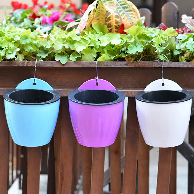 Self Watering Solid Color Flower Pot Wall Hanging Resin Automatic Plastic Planter Durable For Garden Balcony With Hook