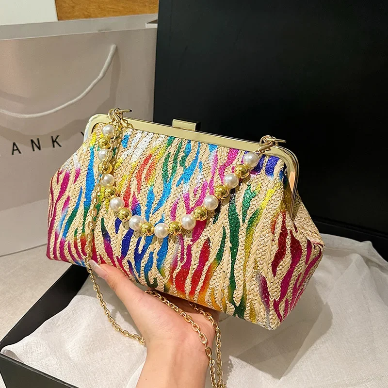 Fashion Colorful Stripe Seashell Shape Evening bags Pearl Beaded Handbag For Women Classic Retro Small Clutch Party Shoulder Bag