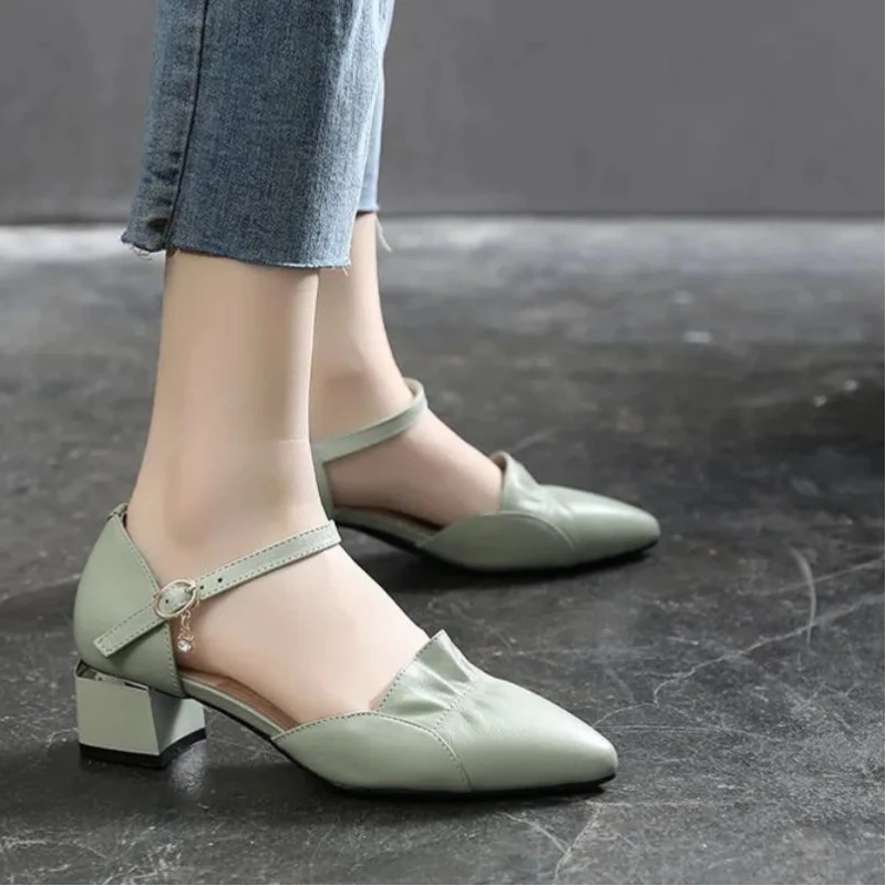 Chunky Heel Women's Shoes Comfortable Fashion Ruffle Single Shoes Korean Style Buckle Solid Colour Work Sandals Zapatos De Mujer