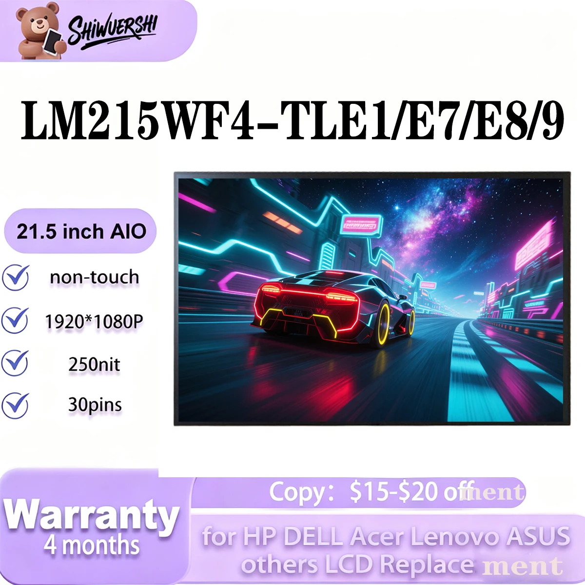 

21.5" New Original LCD Screen Display LM215WF4 TLE1 LM215WF4 TLE7 LM215WF4 TLE8 LM215WF4 TL9 FHD 30 pins 1920*1080