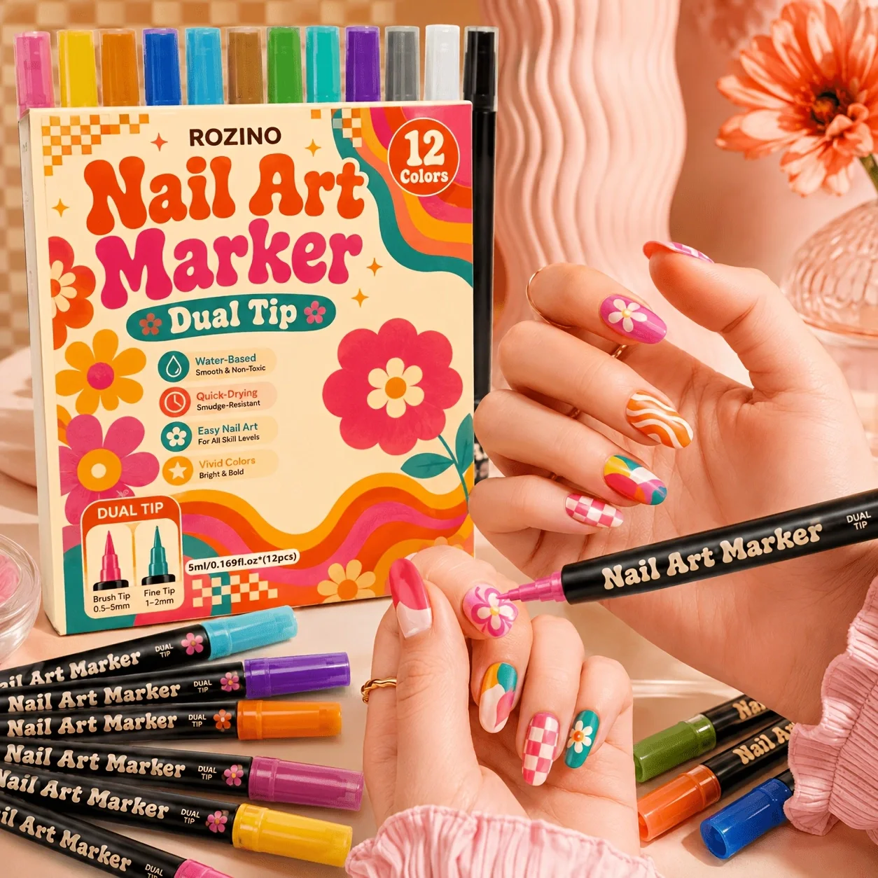 Rozino 24-Color Dual-Ended Nail Art Pens, Made with Imported Water-Based Color Pigments, Easy to Use for Beginners, Quick-Drying and Smudge-Proof, Beginner-Friendly DIY Nail Art Tool, Not Easy to Smudge after Application, Bright and Full Colors, Suitable for Home and Salon Nail Art Decoration, Quick-Drying Without the Need for Additional Lighting, Rich Colors for Creating Personalized Fingertip Designs, a Great Gift for Your Loved Ones