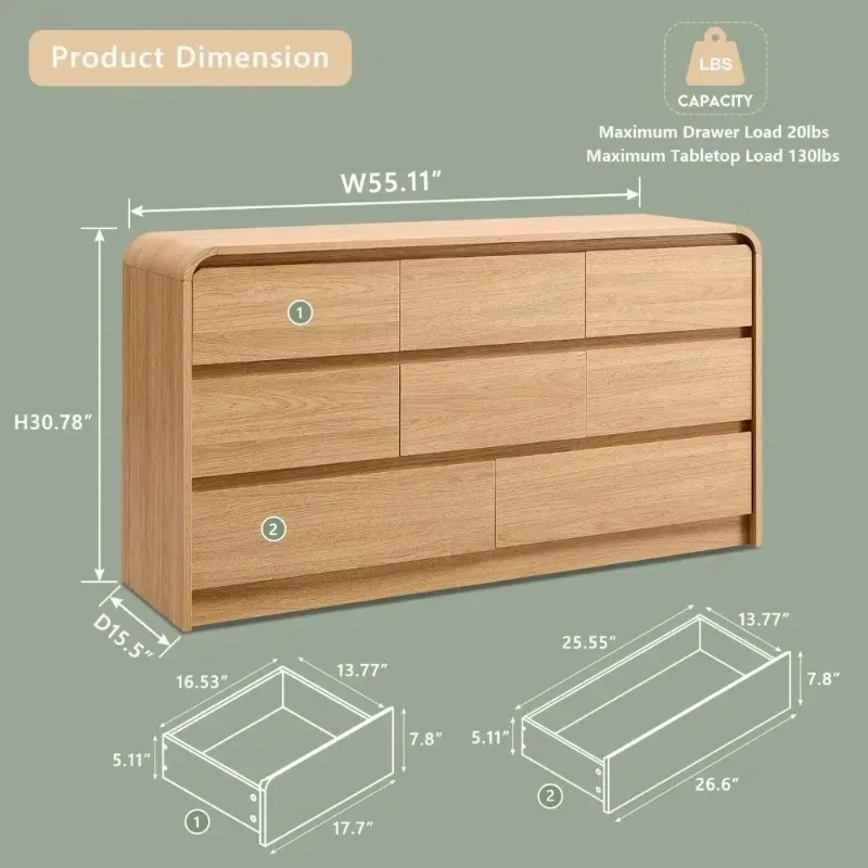 Modern Drawer Drser Bedroom Inch Wide Wood Cht of Drawers with Curved Profile Mid Storage Organizer