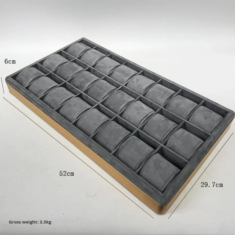 Luxury suede 24-slot watch storage box, gray cushion, metal frame, watch counter display tray.