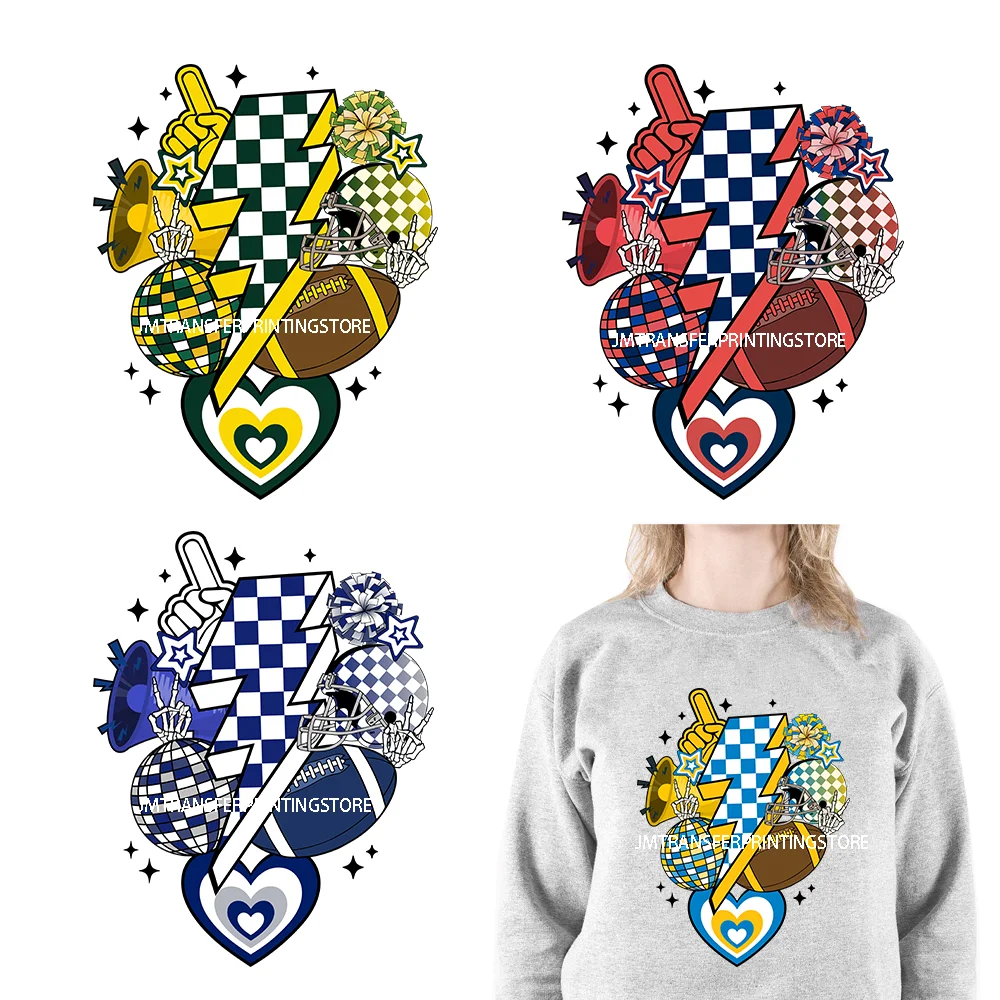 

Football Team Game Day Sport Designs Lightning Bolt Football Cheer Love Iron On DTF Heat Transfers Stickers Printing For Clothes