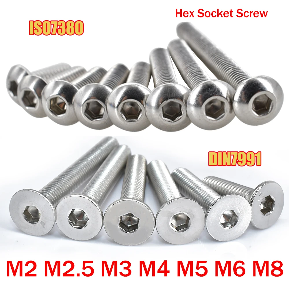 M2 M2.5 M3 M4 M5 M6 M8 A2 Round Stainless Steel or Flat Countersunk Head Screws DIN7991 Allen Hex Socket Screw ISO7380 5-55pcs