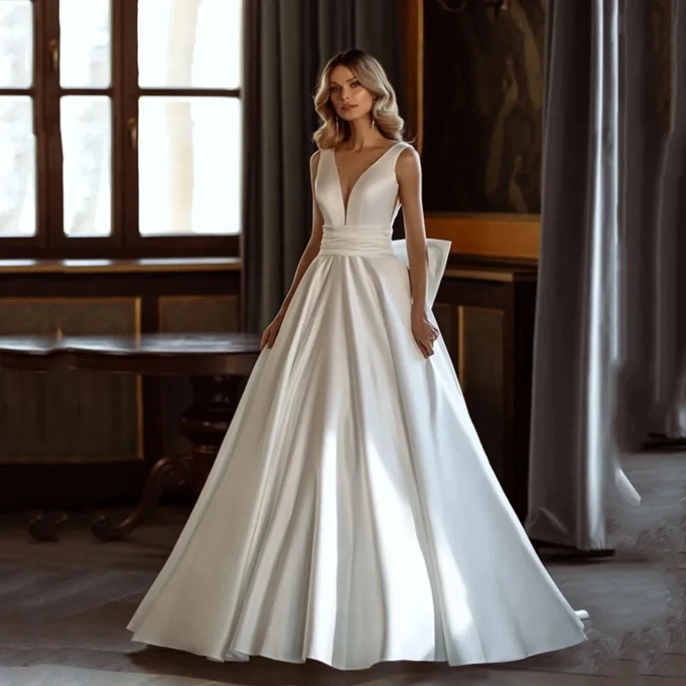 

Deep V Neck Satin Long Wedding Dresses Sleeveless with Bow A Line Sweep Train Vestidos De Novia Boda Bridal Gowns