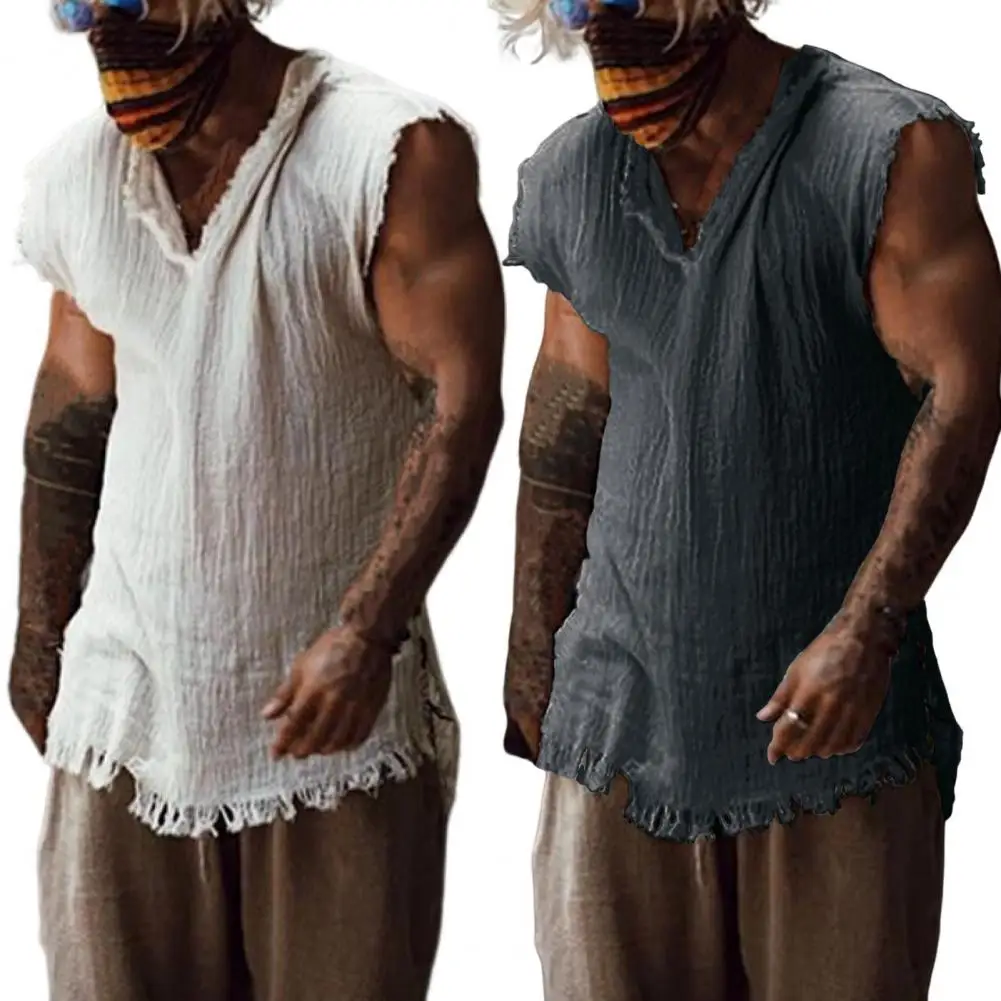 Men Vest Solid Color Casual Leisure Individual Old Style Loose Type Ripped Edge V Neck Sleeveless Men