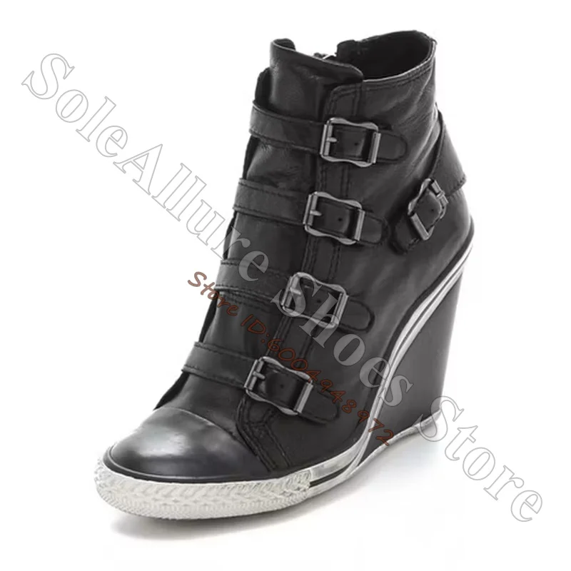 Grey Multi Buckle High Top Wedge Sneakers Vintage Toe Cap Hidden Wedge Heel Retro Street Daily Casual Walking Shoes - view 6