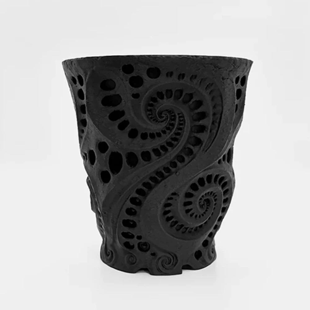 Resin Planter Pot, Matte Black Cylindrical Flower Vase with Spiral Hollow Relief
