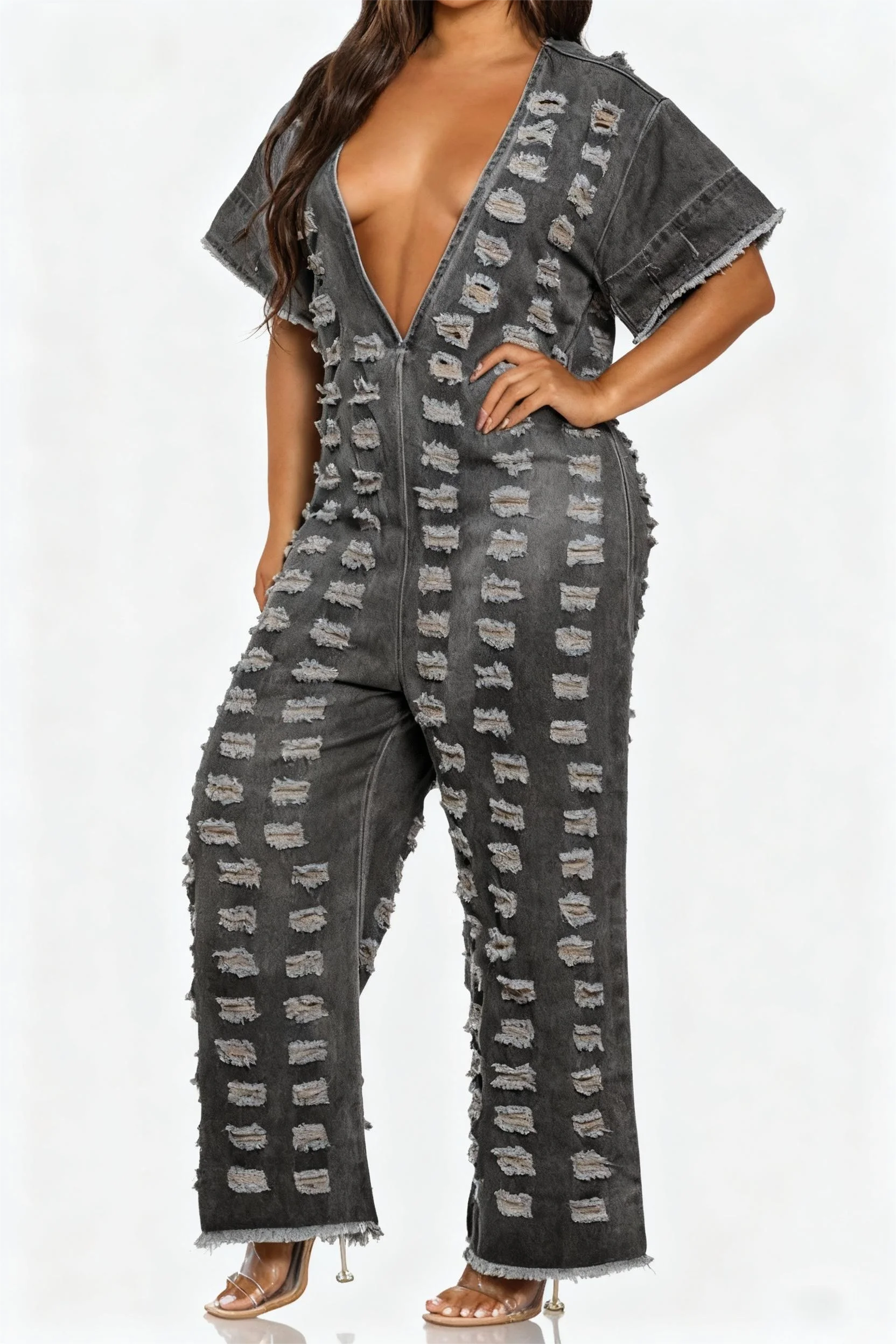 

Женский сексуальный джинсовый комбинезон с потертостями — рваный комбинезон с широкими штанинами большого размера и v-образным вырезом с поясом, легкие джинсы для повседневного использования на полу-