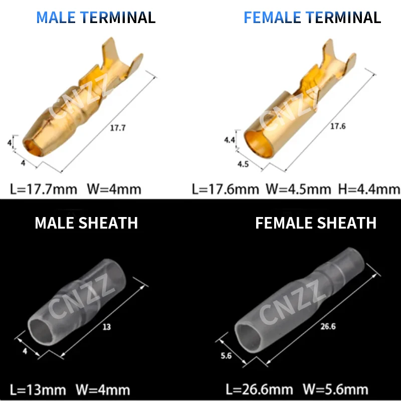 4.0 총알 크림프 터미널 자동차 전선 커넥터 직경 4mm 암 수 케이스 콜드 프레스 터미널, 25 50 100 세트, 1in2out