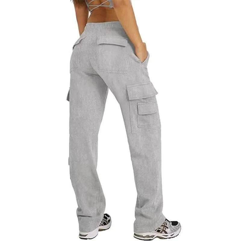 Women Cargo Pants Straight Leg Utility Pants Mid Waist Y2k Work Pants Multi Pocket Elastic Waist Cargo Trousers Solid Grey Black