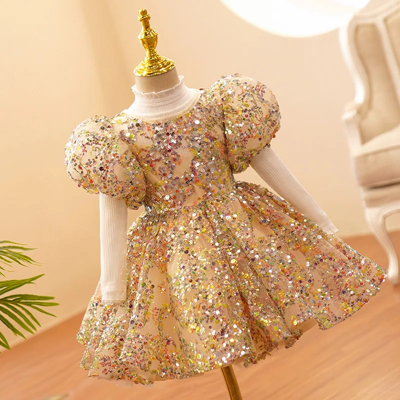 Baby Bow Birthday Princess Dress Elegant Sequin Girl Golden Lace Baptism Tutu Gown Formal Evening Party First Communion Costume