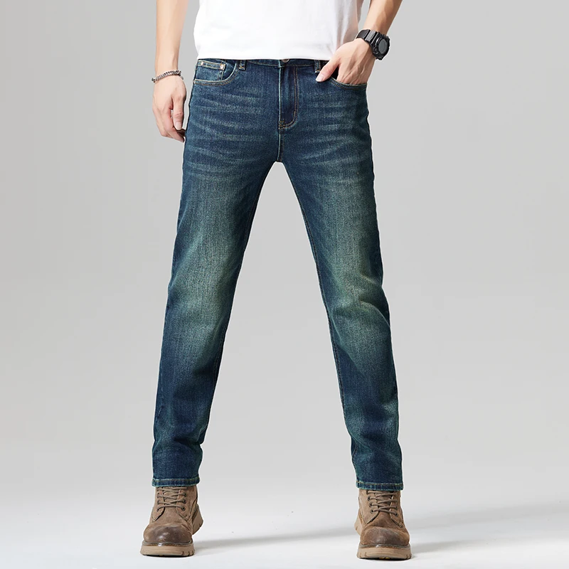 New high-quality washed elastic casual straight leg black blue business retro men's jeans nostalgic pants streetwear men