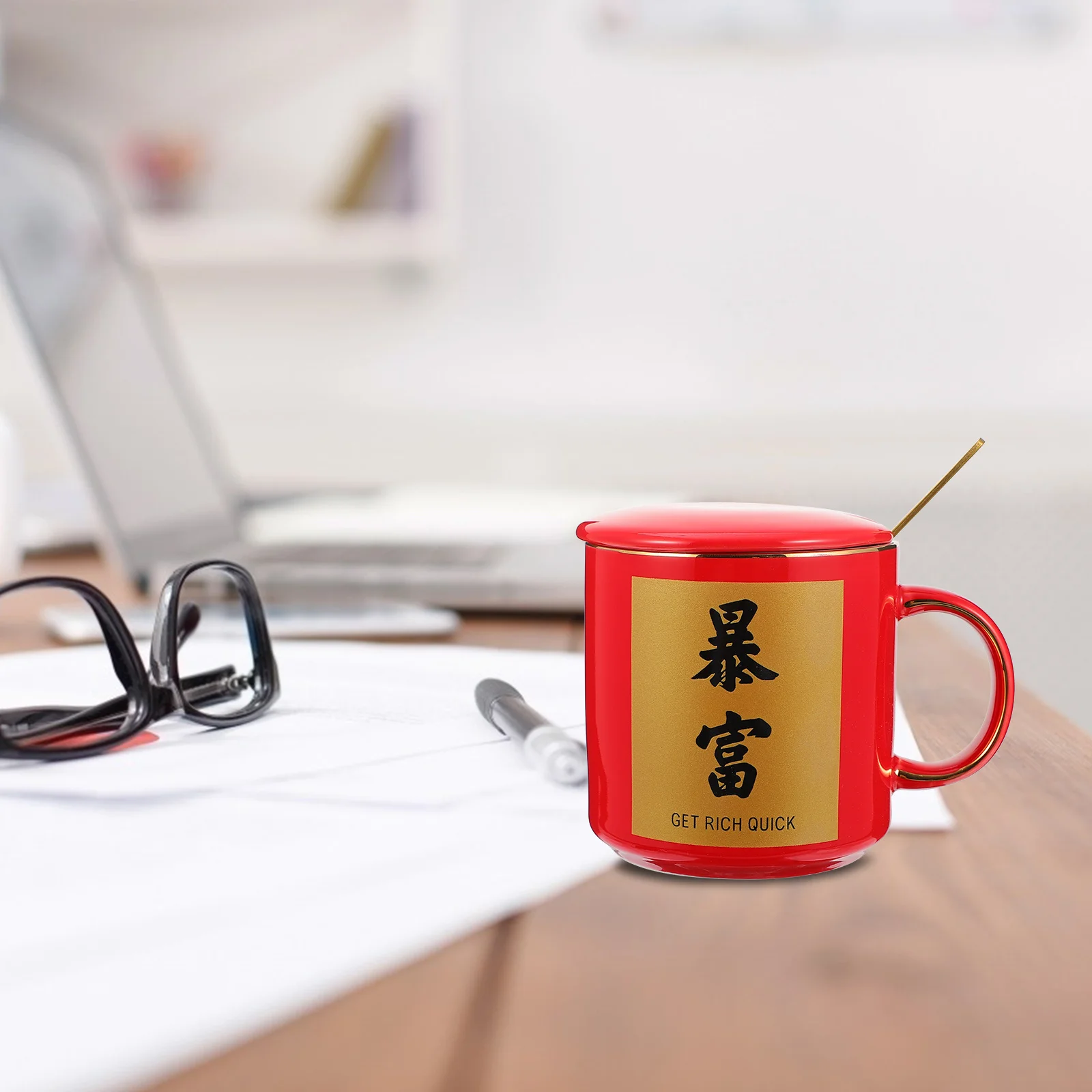 

1Set Chinese Style Ceramic Tea Mug with Spoon Lid Large Capacity Smooth Design Festival Character Mug Milk Coffee Cup Wealth