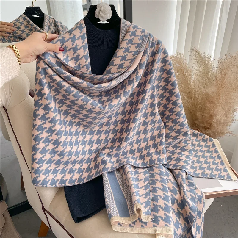 New Internet celebrity thousand bird grid scarf women's winter Korean version imitation cashmere fringed warm scarf