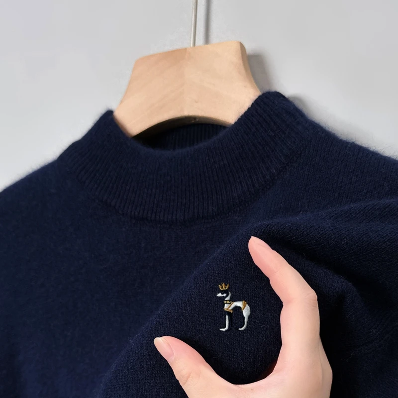 Offres spéciales léger luxe hommes tricot laine pull col montant dessin animé chien broderie pull hiver chaud doux britannique tendance vêtements pour hommes