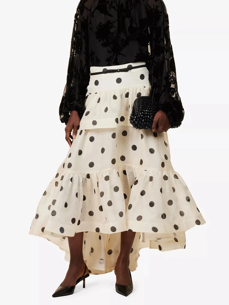 

Fashion Dot Print High Waist Skirt New Autumn Women Layered Ruffle Dress European and American Elegant Evening Party Skirt Long