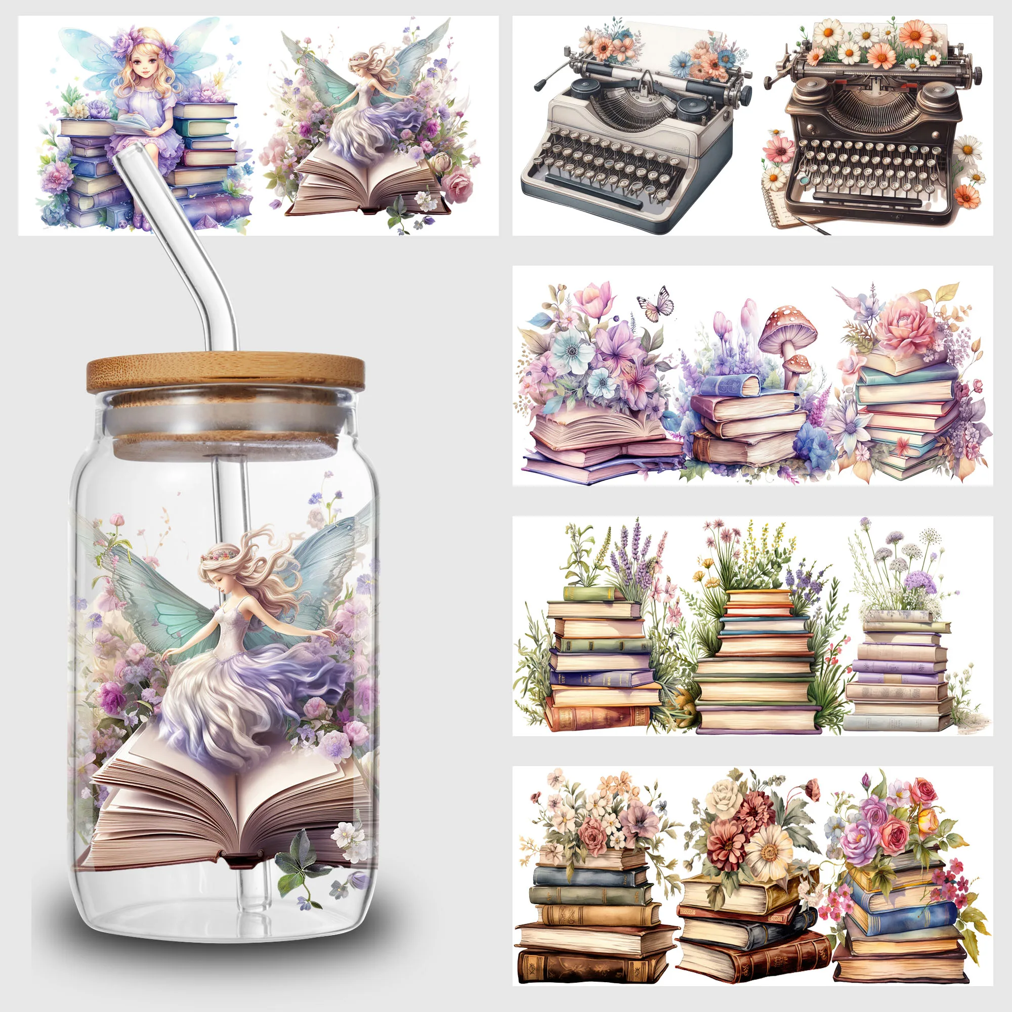 5 Sheets Book and Flower UV DTF Cup Stickers, Glass DTF Transfer Stickers, Waterproof Wipe Transfer Paper for 16 oz Glass, Mugs