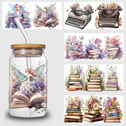 5 Sheets Book and Flower UV DTF Cup Stickers, Glass DTF Transfer Stickers, Waterproof Wipe Transfer Paper for 16 oz Glass, Mugs