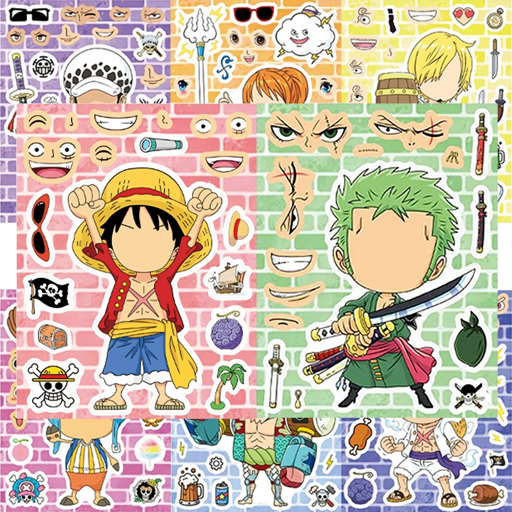 

8/16sheets Anime ONE PIECE Make a Face Puzzle Stickers Cute Luffy Assemble Jigsaw DIY Cartoon Sticker Funny Party Game Supplies