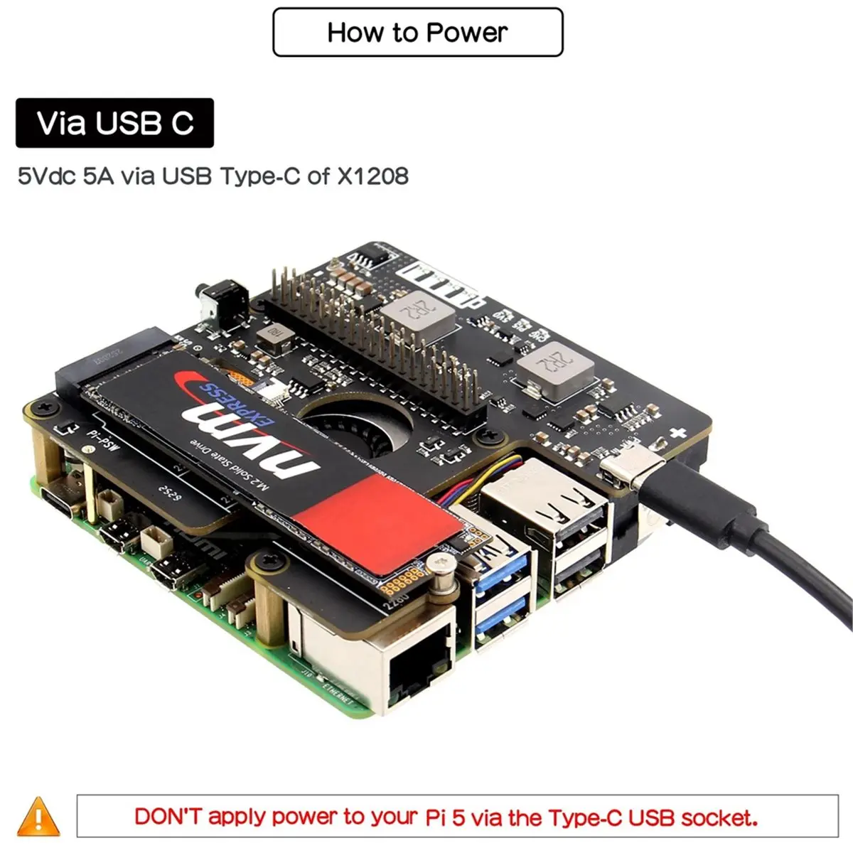 X1208 UPS HAT with M.2 NVMe SSD HAT+ for 5 Maximum 5.1V 5A Output Supports 2230/2242/2280 SSD