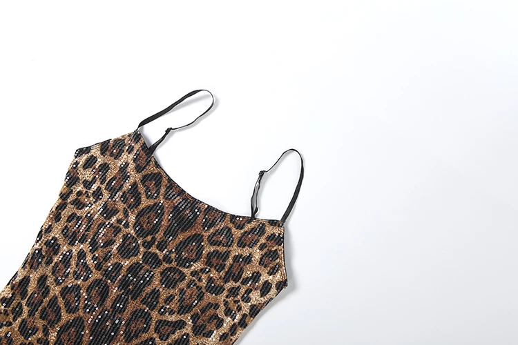 Weird Puss Leoparden-Paillettenkleid Damenmode, verführerisches Kleid mit eckigem Kragen, Spitzen-Patchwork-Saum, ärmellos, für Abendpartys und Clubs – Detail 7