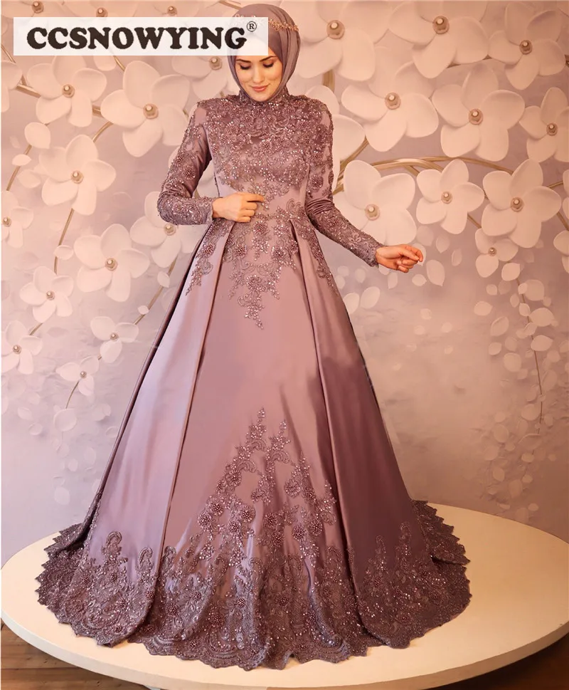 Luxury Long Sleeve Muslim Hijab Evening Dress Satin Appliques Islamic Formal Party Gown High Neck Arabia Dubai Robe De Soiree