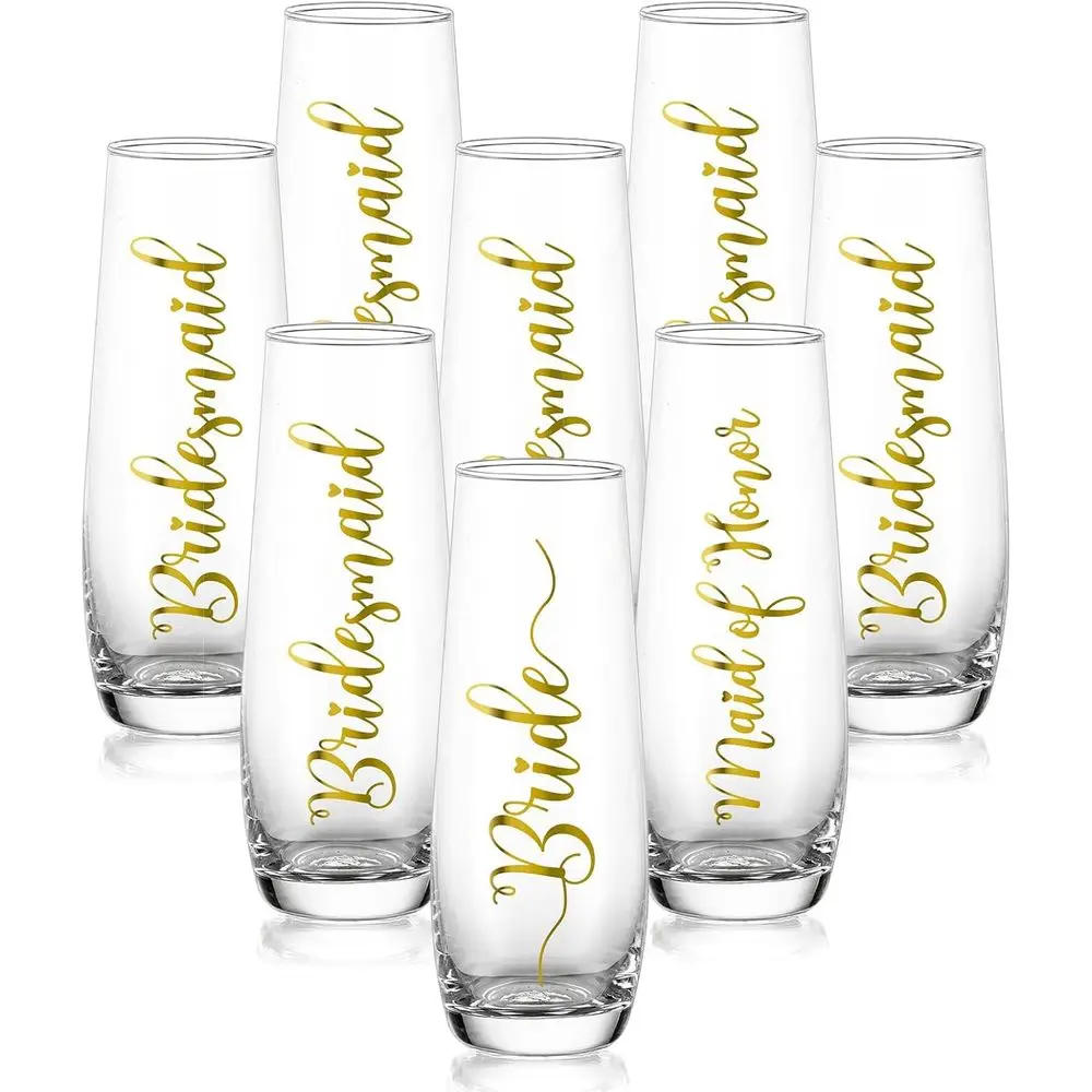 

Бокалы для шампанского в подарок на девичник: Набор из 8 бокалов для процесо с золотым ободком для невесты, подружек невесты и свидетелей на свадьбу
