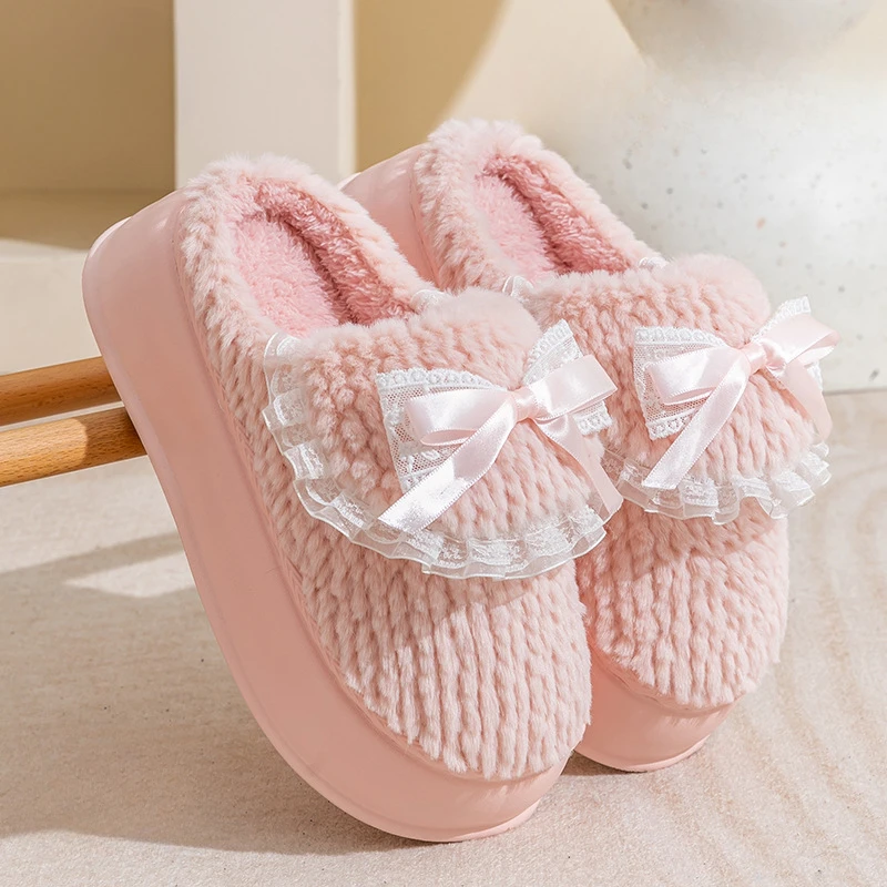 Pink Fur Clog Slippers Women Chunky Slides Shoes Thick Plush Non-Slip Home Slippers Woman Bedroom Shoes Platform Fluffy Slippers