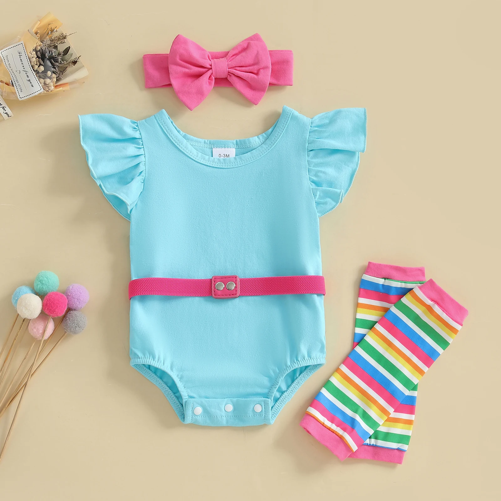 

0-18 Months Baby Girl Fall Outfits Ruffle Sleeve Belted Romper with Headband Leg Warmers Set Newborn Clothes