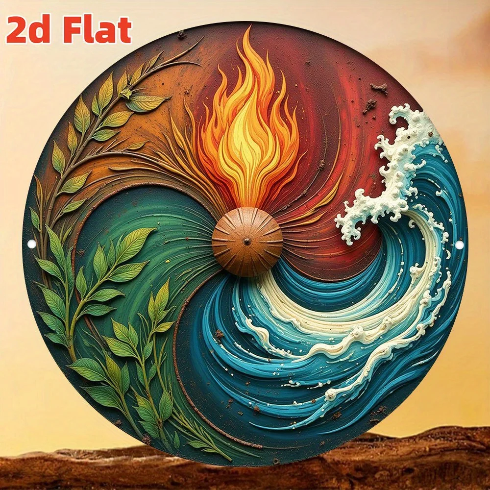 2D Flat, 1pc Vintage Metal Wall Art Sign - Four Elements (Earth, Air, Fire, Water) & Pentagram Symbol - 7.8x7.8 Inch Iron Yin-Ya