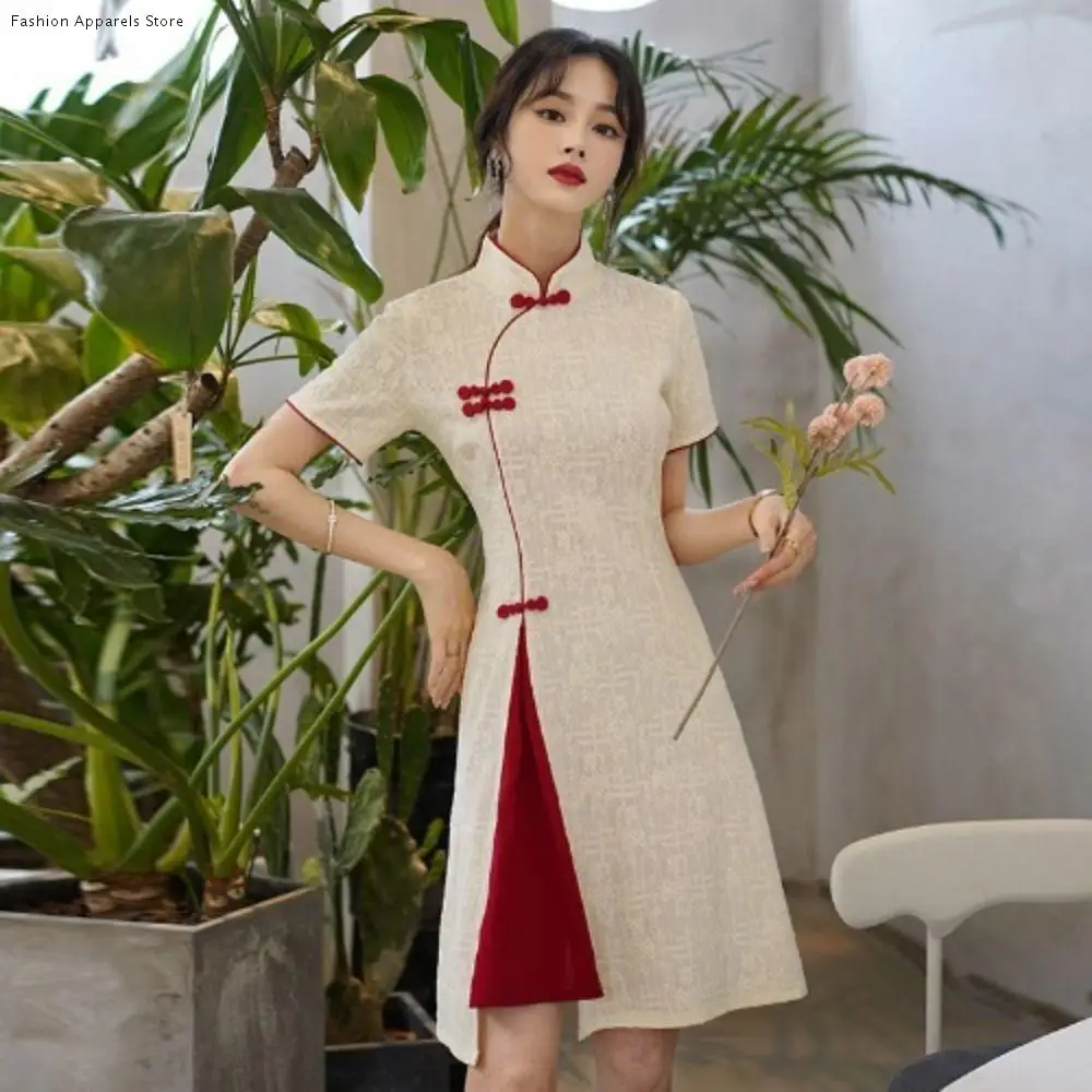 

Stand Collar Short Sleeve Qipao Dress Long Fork Vintage Traditional Chinese Dress China-Chic Casual Cheongsam Women